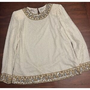 Laurence Kazar Silk Embellished Beaded Sequin Top Ivory Long Sleeve Evening